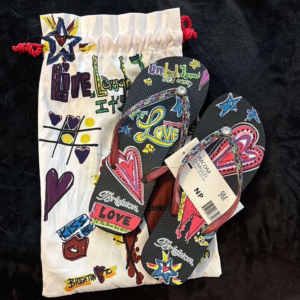Never Worn Brighton Black and Pink Graffiti-Style Flip Flops and Drawstring Bag
